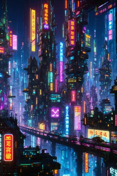 horizonte de uma cidade em expansão em um mundo de lixo, Ciberpunk, noite, Placas de neon, holofotes, holograma,diversos cyberpukai (obra de arte:1.2), melhor qualidade, (hiperdetalhado, mais detalhado:1.2), texturas de alta resolução, 