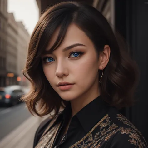 Best_QualityPos, RAW photo, intricate details, best quality, 8k uhd, soft lighting, 1girl, solo, blue eyes, black shirt, Gunmetal, Bald,   Pageboy cut,  Spiral curls