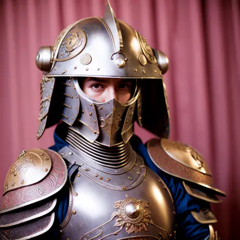 photo, close up of a person wearing a helmet and armor (BaroqueWarrior:1) <lora:djzBaroqueWarriorV21-Loha:1>