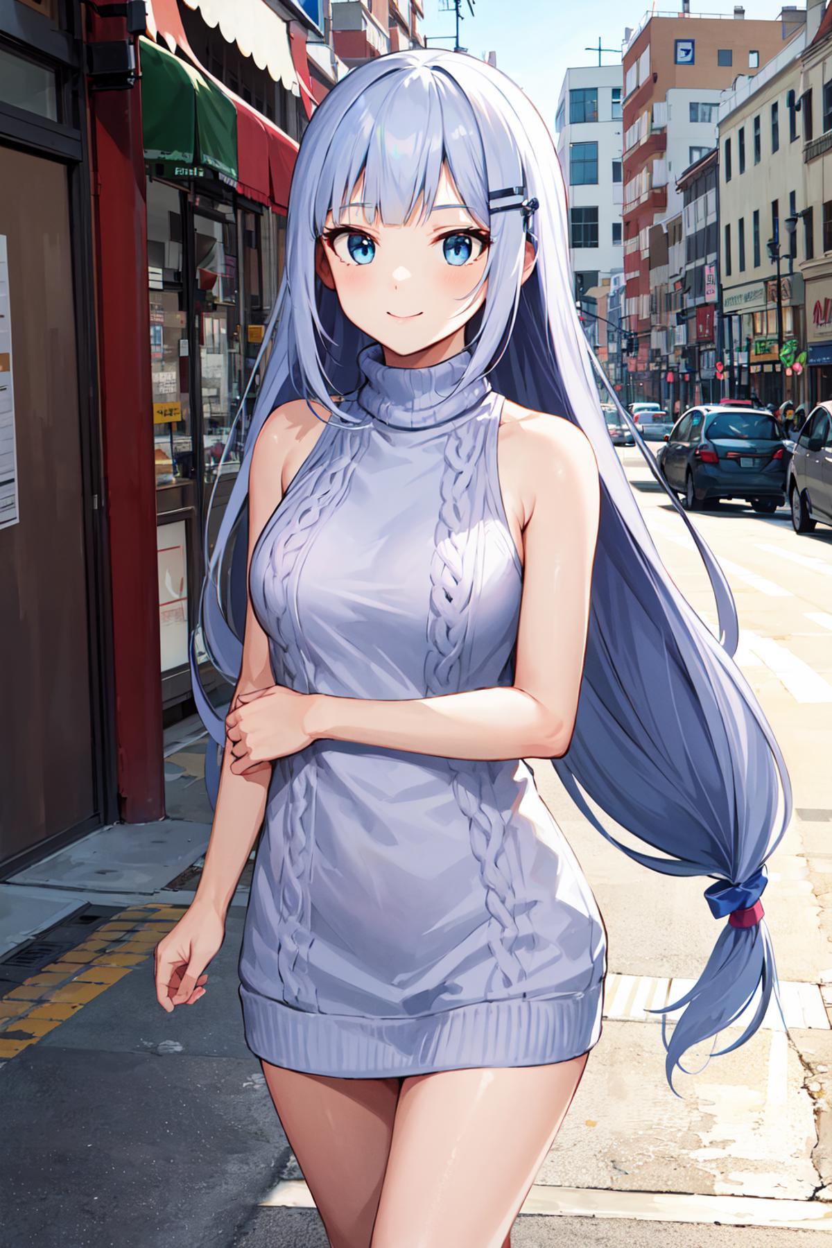 Anime girl in a short dress walking down a street - SeaArt AI