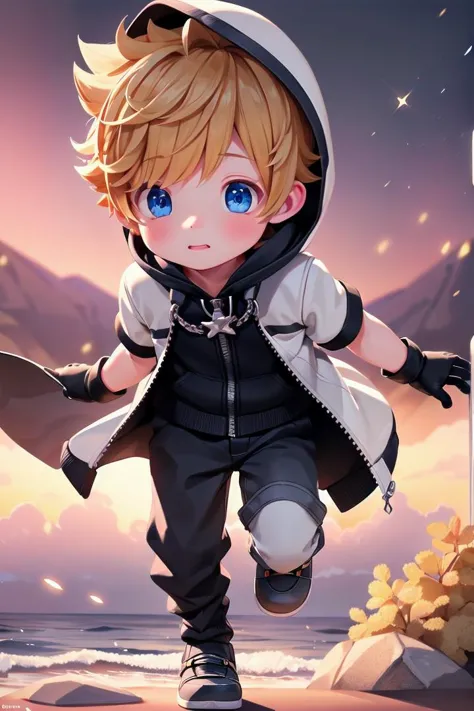 <lora:kingdomhearts_roxas:0.7> khroxas, white jacket, short sleeves, pants, hood, black gloves, petite, adorable boy, sparkling ...