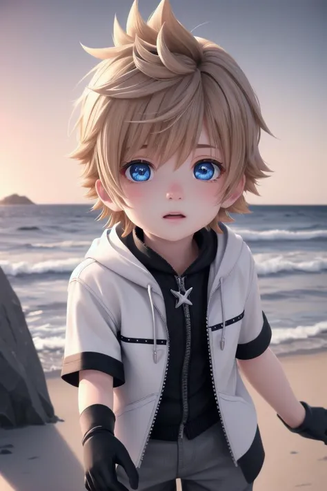 <lora:kingdomhearts_roxas:0.7> khroxas, white jacket, short sleeves, pants, black robe, hood, black gloves,
petite, adorable boy, sparkling eyes, energetic eyes, delicate features, high light in eyes,sea, beach , outside, highlight in eyes, multiple details,
The soft lighting and detailed surroundings create an immersive environment where imagination runs wild hyper-detailed, hyper-detailed face, high quality visuals, dim Lighting, sharply focused, octane render, 8k UHD