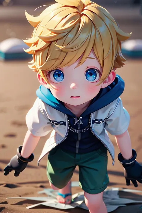 a close up of a toy figure of a boy on a beach