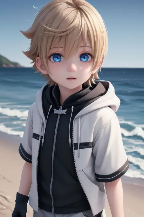 a young boy with blue eyes standing on a beach near the ocean