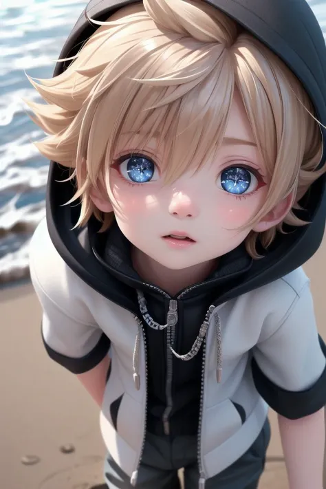 <lora:kingdomhearts_roxas:0.7> khroxas, white jacket, short sleeves, pants, black robe, hood, black gloves,
petite, adorable boy, sparkling eyes, energetic eyes, delicate features, high light in eyes,sea, beach , outside, highlight in eyes, multiple details,
The soft lighting and detailed surroundings create an immersive environment where imagination runs wild hyper-detailed, hyper-detailed face, high quality visuals, dim Lighting, sharply focused, octane render, 8k UHD