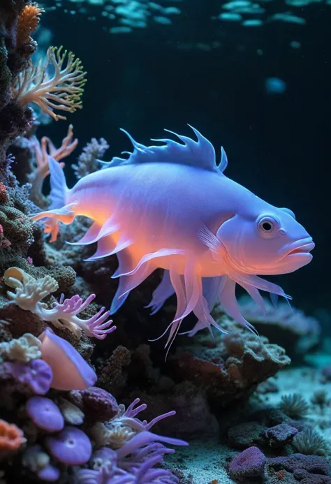 (medium full shot) of (captivating pearlescent aquatic creature) with iridescent skin, seaweed strands, tentacle-like fins, elon...