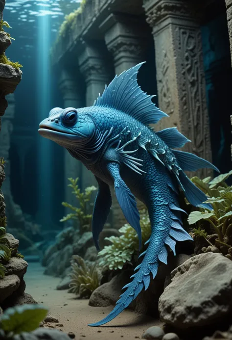 (medium full shot) of (enigmatic blue aquatic creature) with iridescent skin, scaly hide, elongated fins, mandibles, tail, iridescent skin, sea anemones, set in  mystical sunken ruins, with mysterious carvings, overgrown vegetation, serene light, hidden beauty, during twilight, Masterpiece,best quality, photo, realistic, very aesthetic,