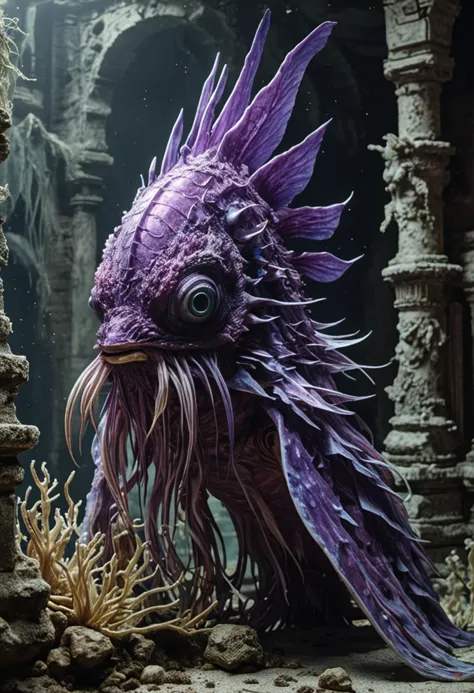 (medium full shot) of (astonishing purple aquatic creature) with iridescent skin, seaweed strands, multiple fins, beak, feathere...