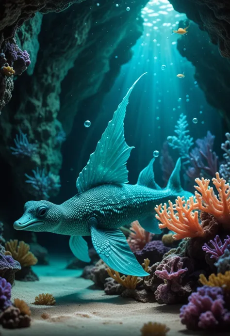 (medium full shot) of (astonishing teal aquatic creature) with scaly skin, sleek scales, elongated flippers, antennae, feathered fins, ethereal glow, ethereal bubbles, set in  an enchanted underwater cave, with luminescent corals, ethereal light, serene ambiance, hidden beauty, Masterpiece,best quality, photo, realistic, very aesthetic,