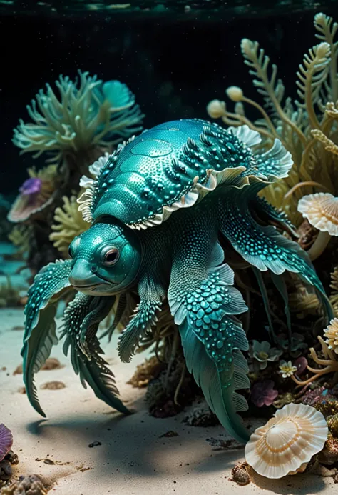 (medium full shot) of (captivating teal aquatic creature) with scaly skin, shell-like armor, multiple fins, shell cap, tail, bio...