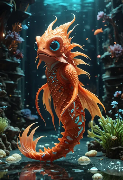 (medium full shot) of (exotic orange aquatic creature) with smooth skin, sleek scales, multiple fins, extra eyes on the sides, tail, bioluminescent hair, seashell patterns, set in  a futuristic underwater city, with sleek designs, bioluminescent plants, advanced technology, serene ambiance , ,Masterpiece,best quality, photo, realistic, very aesthetic