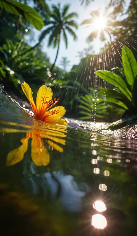Low angle close-up of a small wave in a Stream of water in lush green rain forest with tropical flowers shot against rising sun ...