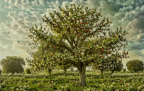 there is a tree with apples growing in a field of grass