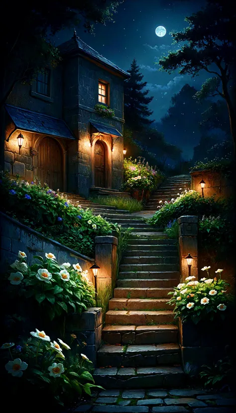 a painting of a house with stairs leading up to it