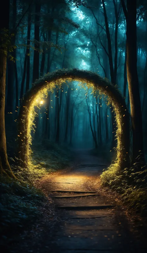 (Archway in an enchanted fairy forest landscape:1.1), misty dark mood, Misty forest lane, golden fireflies swirling illuminating...