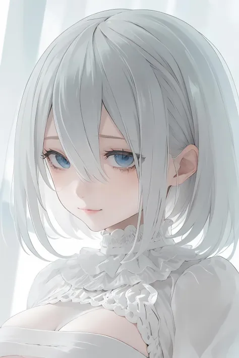 ((high quality)),masterpiece,(detailed depiction of local details:1.2),1girl,blue eyes,breasts,closed mouth,eyelashes,looking at viewer,portrait,solo,upper body,white hair,white theme,short hair,silver hair,yorha no. 2 type b,<lora:yorha_no.2_type_b:0.7>,