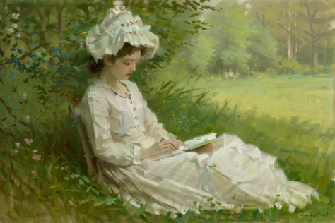 ClaudeMonet, 1girl, solo, dress, grass, sitting, outdoors, closed eyes, flower, white dress, hand fan, long sleeves, bonnet, tre...