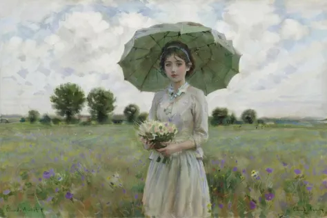 ClaudeMonet, umbrella, cloud, outdoors, sky, hat, 1girl, flower, day, grass, field, holding, dress, short hair, cloudy sky