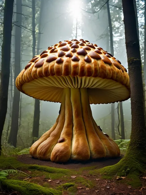 énorme champignon en pâtisserie, des fruits, dans une forêt mystique 