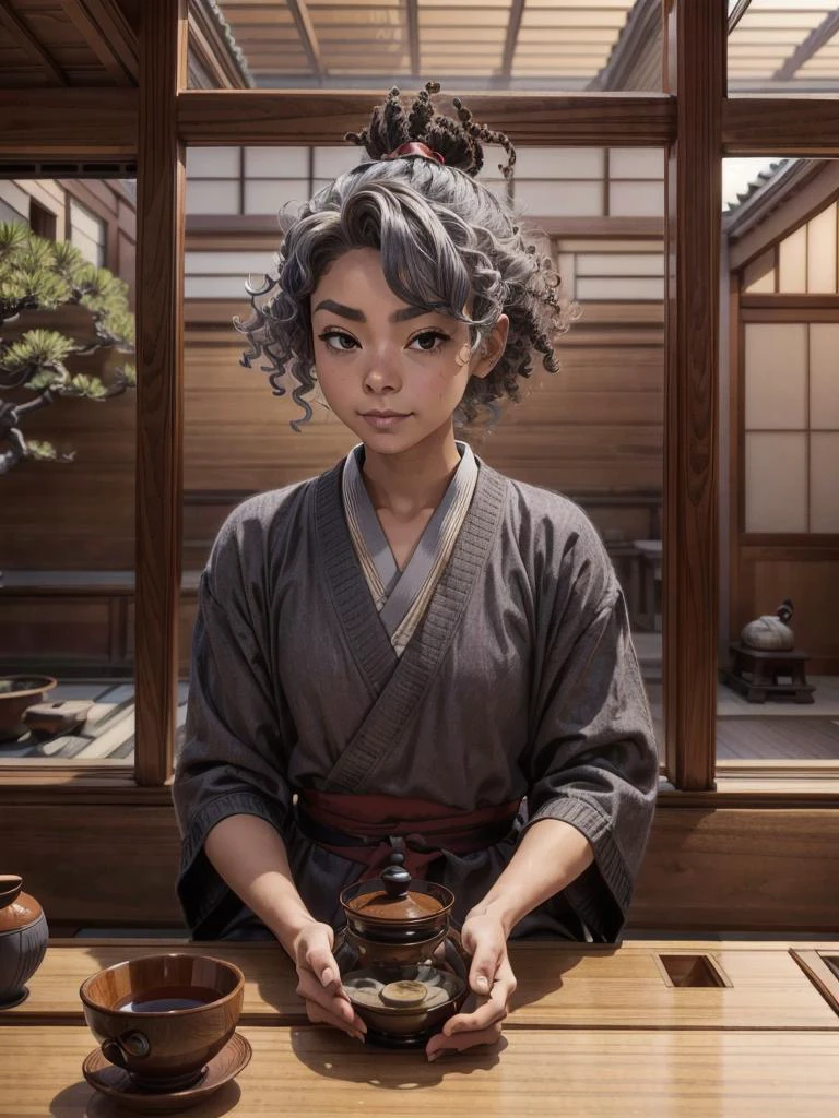 1girl tomando chá em uma tradicional casa de chá japonesa, (pele de Siena), Cor de cabelo cinza espacial ,estilo de cabelo encaracolado, 