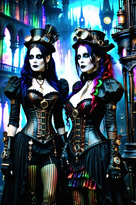 two women dressed in steam punk costumes standing next to each other