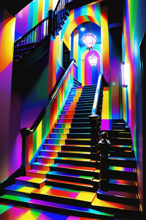 a close up of a staircase with a rainbow painted on it