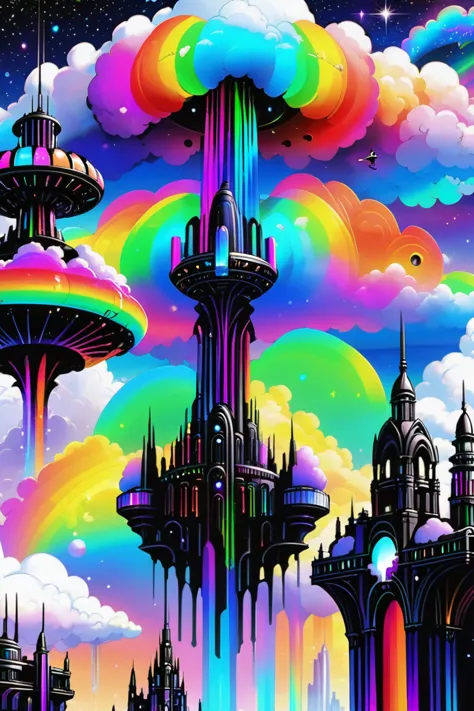 a painting of a city with a rainbow colored sky and clouds