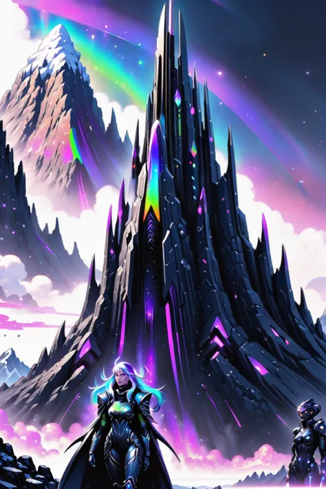 a man in a cape standing in front of a mountain with a rainbow