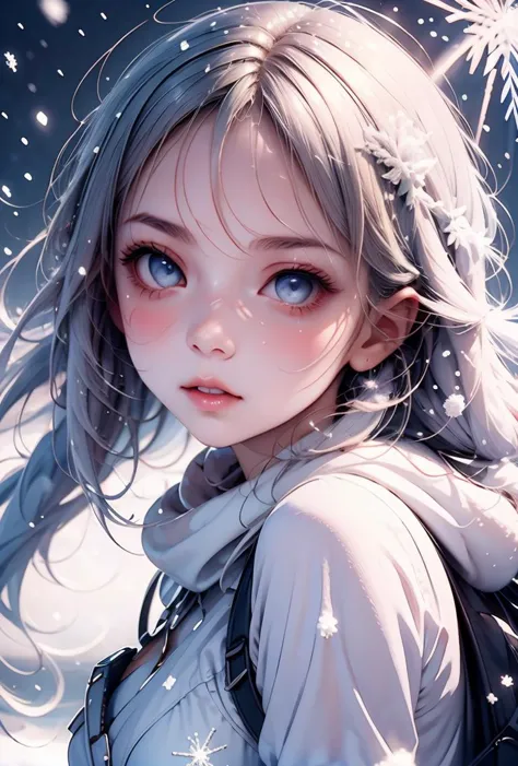 anime girl with blue eyes and white hair in the snow