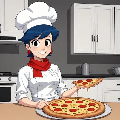 anime character holding a pizza on a plate in a kitchen