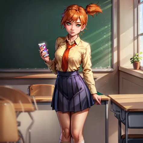 (beautiful), (masterpiece), (best quality), (perfect lighting), (ultra-detailed), (best illustration), (best shadow), (an extremely delicate and beautiful), 1girl, solo, (orange hair), green eyes, misty \(pokemon\), <lora:Misty:0.9>, looking at viewer, extremely detailed face, detailed eyes, deep eyes, standing, sexy pose, fullbody, (cleavage:0.5), (tie, schoolgirl uniform, long sleeve dress shirt, black pleated skirt, socks), (classroom:)