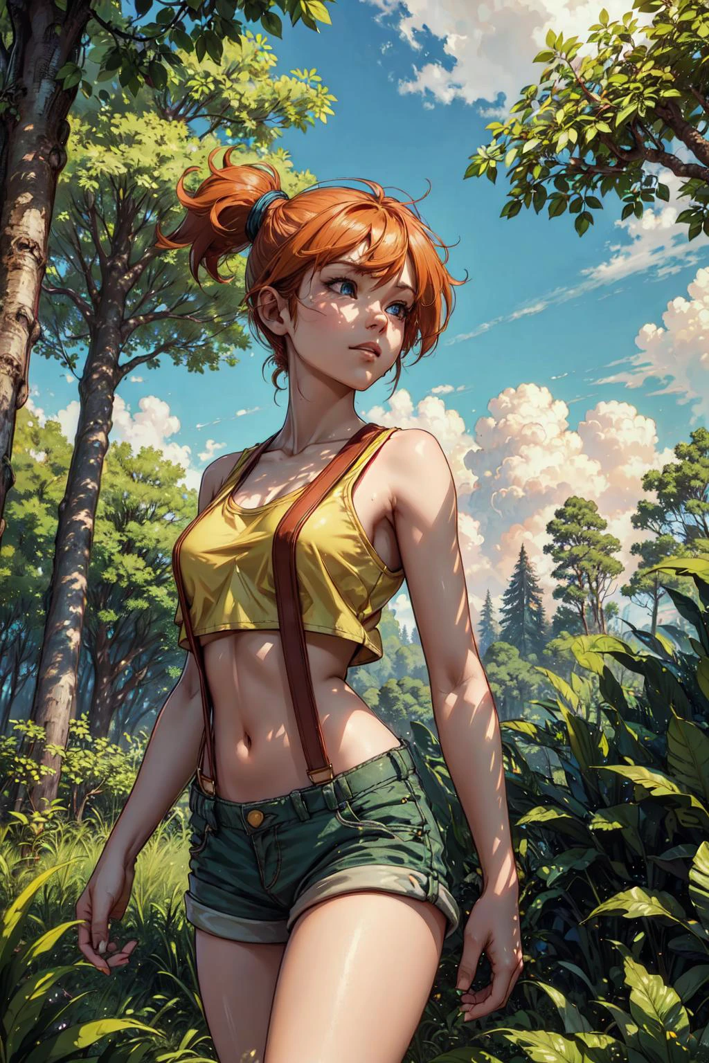 on grass, (best quality, masterpiece:1.2), photorealistic, thick outlines, strong shadows, 1 girl, full body, small breast, happy, exploring forest, clearing, giant trees, blue sky, clouds orange hair, yellow crop top, suspender shorts , detailed background, detailed face,