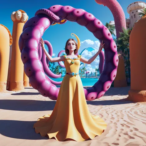 ukrainan woman, in dress, multiple tentacle, girl is looking at a giant mirror, (large tentacle rising upwards from the sand), b...