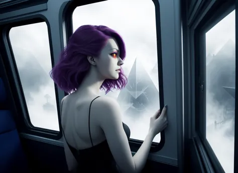 three cornered window, back of head shot of (woman looking out of triangle window:1.1), 3rd person, Looking out the triangular window of a (train:1.1) with triangular windows, triangular windows and triangular, wheels,  in a fantasy world, 
psychedelic, geometric, vivid light, high contrast, triadic colors, dark shadows,  explosions, nuclear mushroom cloud, nuclear explosion, dystopian nightmare, 
(beautiful composition),
21 yo woman,