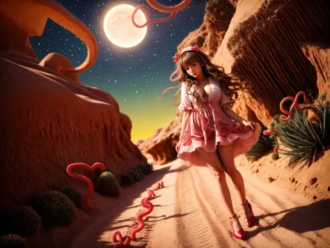 photo raw, hyperrealistic, hyperdetailed, cute weavy brown hair busty young woman, cotton dress, tan lace stockings, pumps shoes, walking through (sand desert), many [pink:red] (tentacles:1.4) that look like cactus in desert, (night moon and star), (front ...