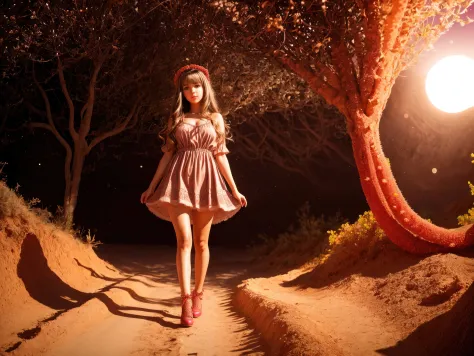 photo raw, hyperrealistic, hyperdetailed, cute weavy brown hair busty young woman, cotton dress, tan lace stockings, pumps shoes, walking through (sand desert), many [pink:red] (tentacles:1.4) that look like cactus in desert, (night moon and star), (front ...