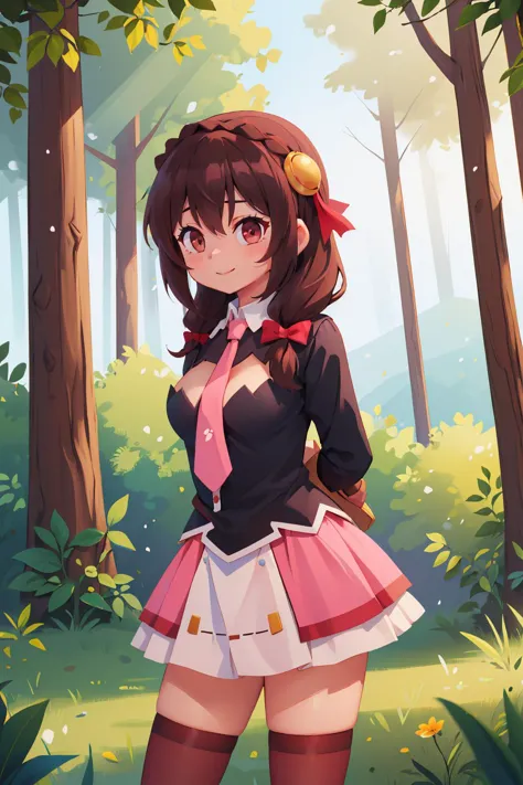 (masterpiece, best quality:1.2), solo, 1girl, yunyun, smile, looking at viewer, arms behind back, crown braid, hair ornament, hair bow, pink necktie, long sleeves, pink skirt, thighhighs, cleavage, outdoors, forest 