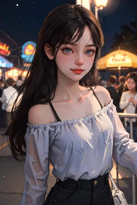 (best quality, masterpiece:1.2), detailed eyes, depth of field, 20 years old girl, off shoulder, night, festival, Amusement parks, pov, smile, standing, Excited,