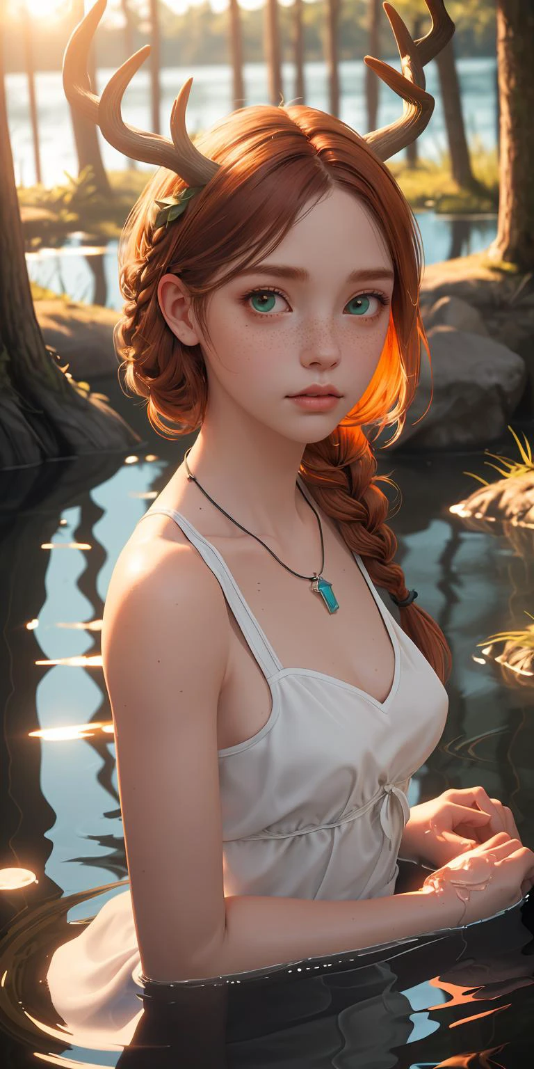 (masterpiece, best quality), 1girl, ginger hair, deer antlers, dress, in water, looking at viewer, swamp, hair ornament, necklace, lens flare, reflective water, freckles, braid,