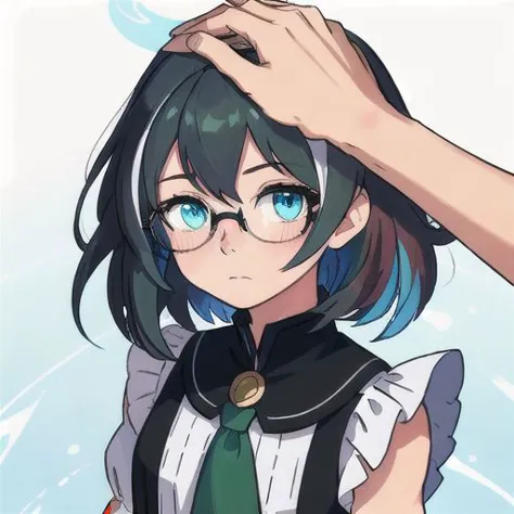 Masterpiece, Best Quality, 
1other, androginous, medium hair, multicolores eyes, heterochromia, blue eyes, green eyes, grey eyes, flipped hair, hair flaps, glasses, pettite, shy, =., light blush, from above, hand on anothers head, frilled, sleeveless, HeadpatPOV, pov, headpat,