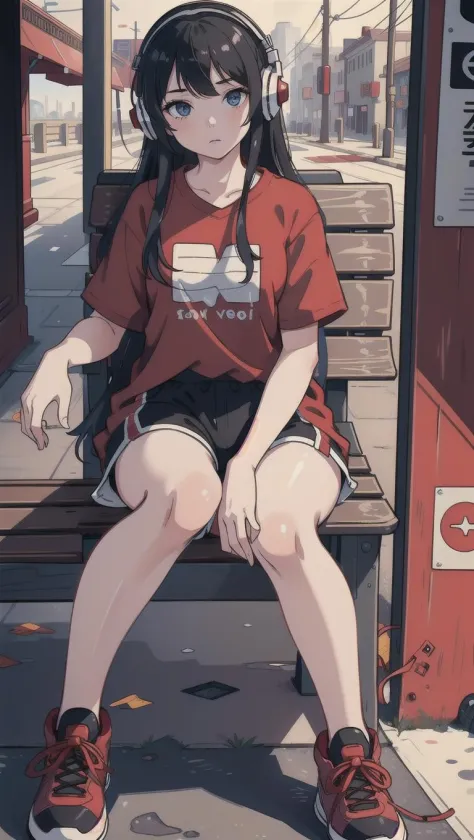 high quality, high resolution, extreme detail, masterpiece, 1girl, sitting at a bench, red t-shirt, black shorts, sneakers, wearing headphones, ((high quality eyes)), [looking at the viewer], intricate details, [volumetric fog], cinematic lighting, photographed on a Canon EOS R5