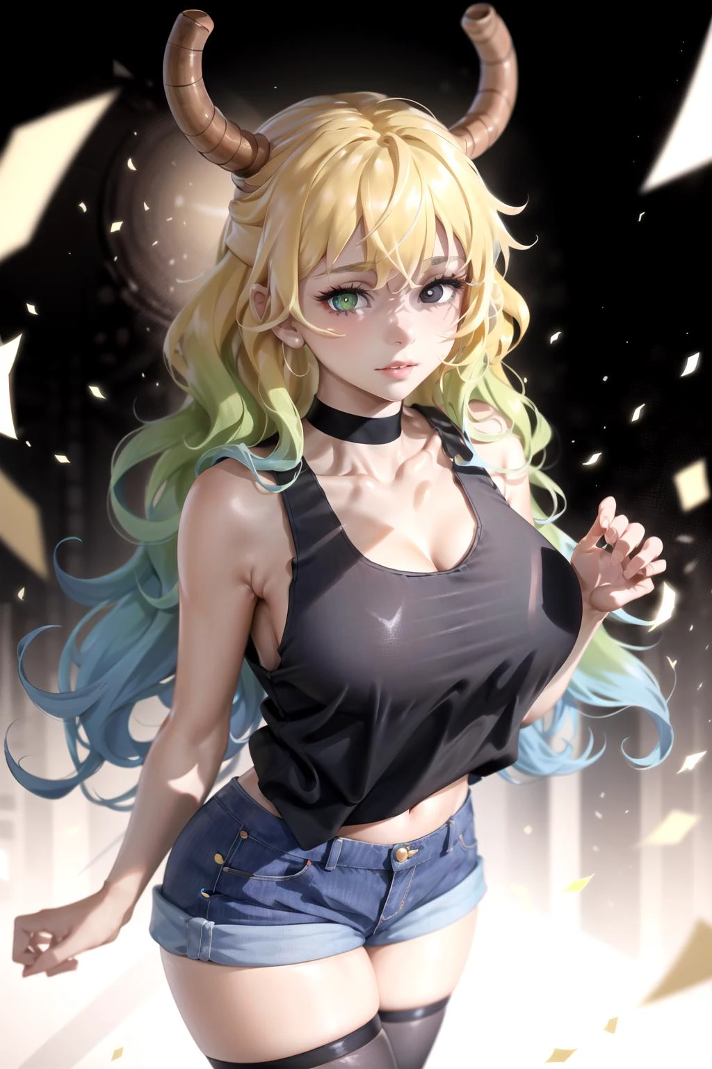 absurdres, best quality, 1girl, solo, looking at viewer, eye focus,  LucoaDM, CasualCL, shorts, tank top, thighhighs, heterochromia, eye focus,
ADDCOMM
green eyes
ADDCOL
(black eyes:1.5), slit pupils, bright pupils, yellow pupils