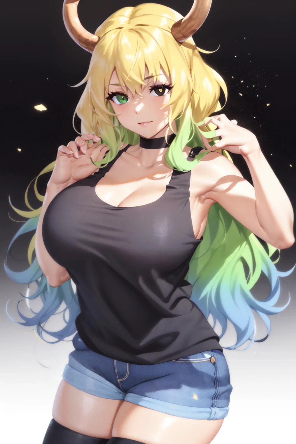 absurdres, best quality, 1girl, solo, looking at viewer, eye focus,  LucoaDM, CasualCL, shorts, tank top, thighhighs, heterochromia, eye focus, 
ADDCOMM
green eyes
ADDCOL
(black eyes:1.5), slit pupils, bright pupils, yellow pupils