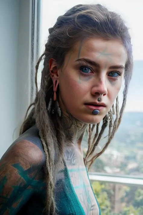 a close up of a woman with dreads and piercings on her face