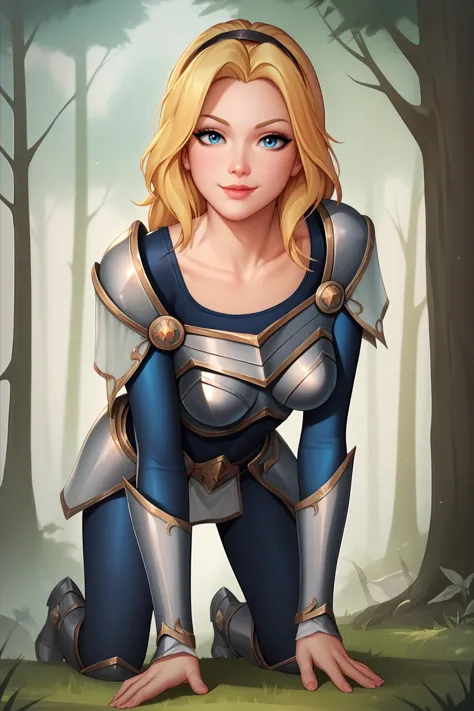 a woman in armor kneeling in the woods