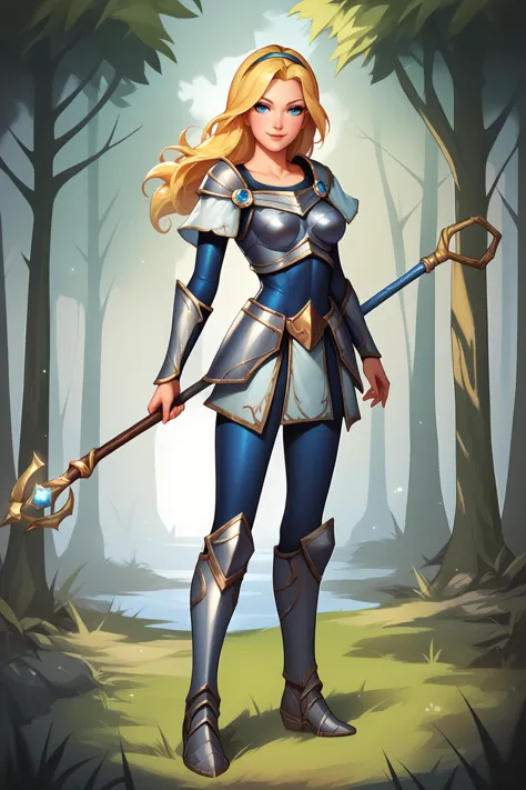 a woman in armor holding a sword in a forest