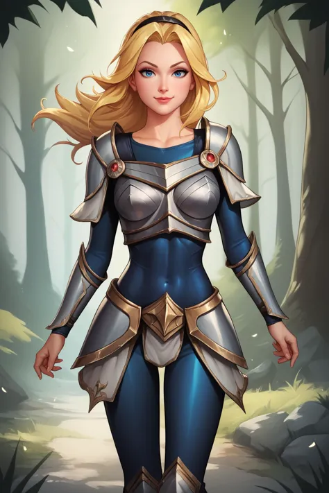 score_9, score_8_up, score_7_up, score_6_up, score_5_up, score_4_up, LuxLoLXL, blue eyes, blonde hair, long hair, black hairband, medium breasts, collarbone, shoulder armor, armor, blue bodysuit, breastplate, long sleeves, faulds, skirt, blue pants, armored boots, full body, standing, dynamic pose, seductive smile, looking at viewer, forest, tree <lora:LuxLoLXL:0.8>