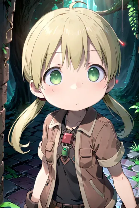 a woman with blonde hair and green eyes standing in a forest