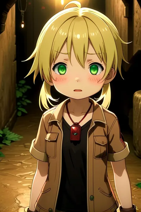 <lora:rikosdxl-000026:0.6>
a 10-year-old girl, riko,
she has blonde hair.
(green eye color), twintails
black shirt,
she is wearing a brown short-sleeved jacket,
(red whistle:1.2) as a pendant,
draw it in the style of made in abyss,
The soft lighting and detailed surroundings create an immersive environment where imagination runs wild
high quality visuals, dim Lighting, sharply focused, octane render, 8k UHD