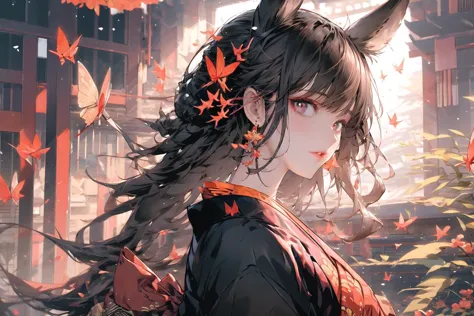 anime girl with horns and a red dress in a city